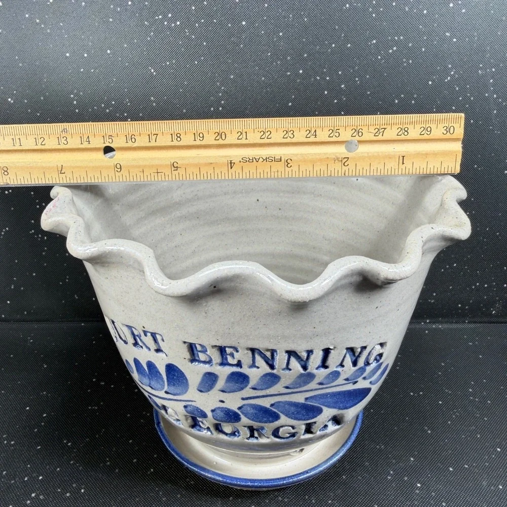 Westerwald Stoneware Fort Benning Georgia Planter Ruffled Rim Cobalt Blue Signed